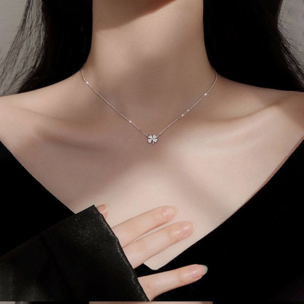 925 Sterling Silver Four-leaf Clover Luck Leaves Necklace Choker Women Jewelry - Picture 2 of 8